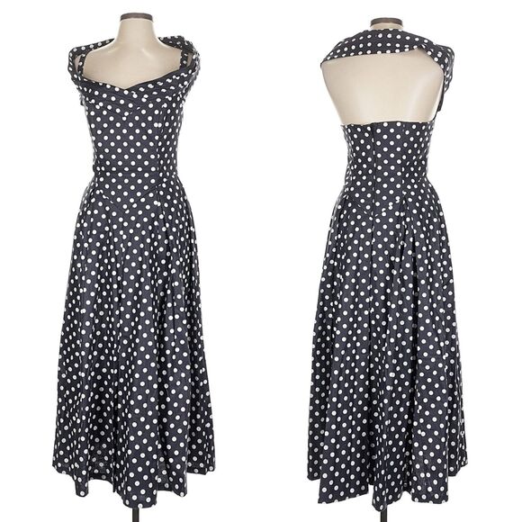 Vintage 90s Laura Ashley Navy Blue Polka Dot Midi Dress Sailor Picnic Size 10 - Picture 2 of 11